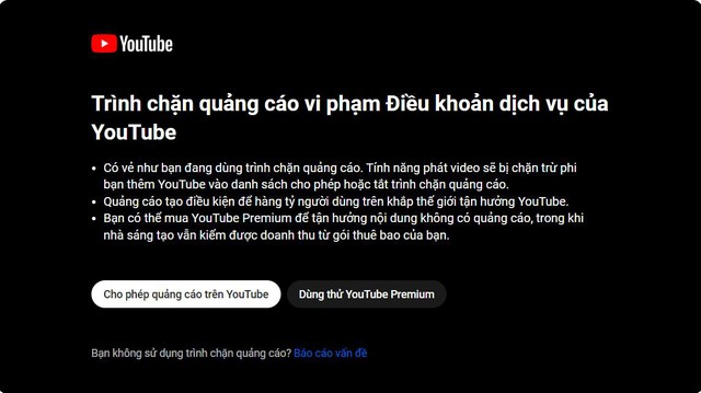 Cảnh báo của YouTube khi người dùng sử dụng trình chặn quảng cáo